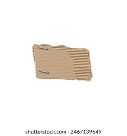 Torn cardboard piece with two metal staples, showcasing a rough, brown texture and corrugated design. Vector illustration ideal for packaging, recycling, or craft projects.