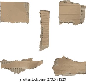 Conjunto de tiras de cartón roto con bordes rasgados ásperos, textura marrón corrugado