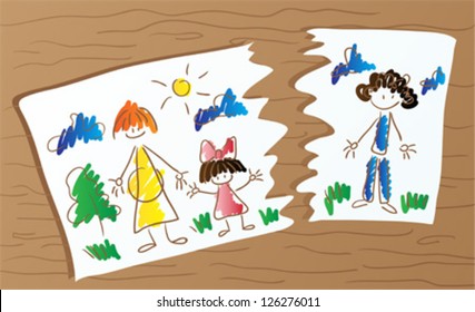 	Torn children drawing lying on the wooden surface. On one half of the paper draw a girl and a pregnant woman, the other half - the man.