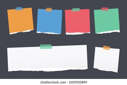 Torn colorful bright note, notebook paper strips for text stuck with adhesive tape on black background. Vector illustration