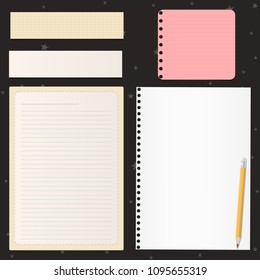 Torn colorful empty lined note, notebook paper strips for text stuck on black background with stars pattern. Vector illustration.