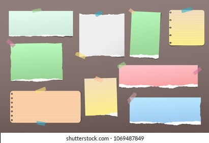 Torn colorful note, notebook paper pieces for text stuck with sticky tape on dark brown background. Vector illustration.
