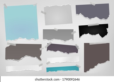 Torn of colorful note, notebook paper strips and pieces stuck with sticky tape on white background. Vector illustration