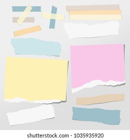 Torn colorful pastel note, notebook paper strips for text stuck with adhesive tape on gray background. Vector illustration