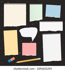 Torn colorful and white empty note, notebook paper for text stuck on black background with stars pattern. Vector illustration.
