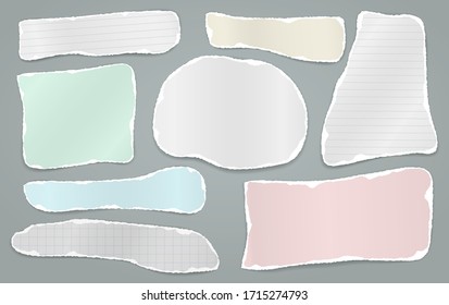 Torn of colorful and white note, notebook paper strips, pieces stuck with sticky tape on grey background. Vector illustration