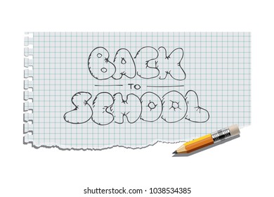 Torn copybook sheet with Back to school text and realistic pencil. Vector illustration.