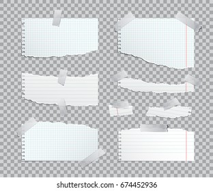 Torn copybook sheets with adhesive tape. Vector illustration.