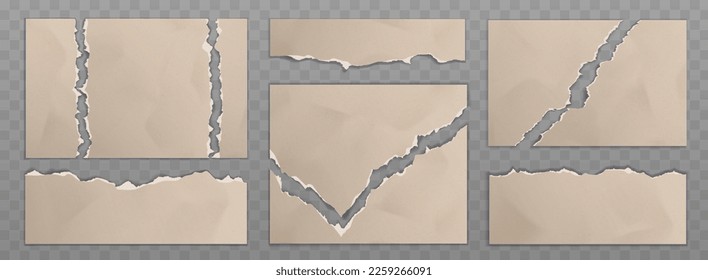 Torn craft paper, brown cardboard sheets with uneven edges. Ragged blank page pieces isolated on transparent background. Vintage old banners or cards, Realistic 3d vector illustration, set