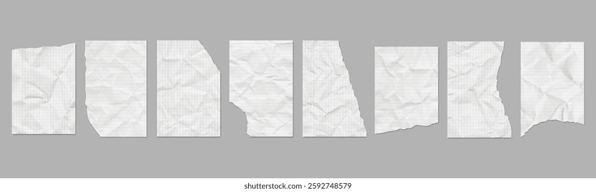 Torn crumpled  pieces of paper notebook pages in a line and in a cage. Vector realistic set of  blank paper sheets creased, wrinkled texture