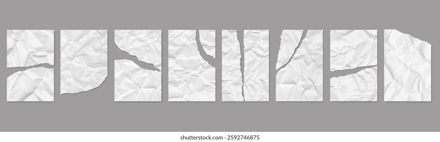 Torn crumpled  pieces of paper sheets. Vector realistic set of  blank notebook pages creased, wrinkled texture. creased or wrinkled texture. Vintage worn damaged wrinkled piece of notebooks