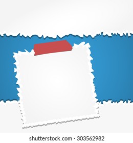 Torn crumpled white paper with adhesive, sticky tape on blue background