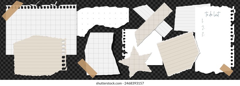 Torn and cut Paper sheets set for trendy Collages. Pieces of notepad, sticker. Checkered and linear notebook sheet. Trendy white beige note element and speech bubble. Vector design.