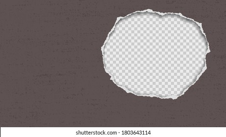 Torn dark brown and grunge paper hole with soft shadow, round frame for text or advertising is on square transparent background. Vector illustration