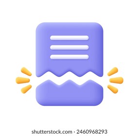 Torn document file or ripped paper sheet. Broken report, file error. 3d vector icon. Cartoon minimal style.