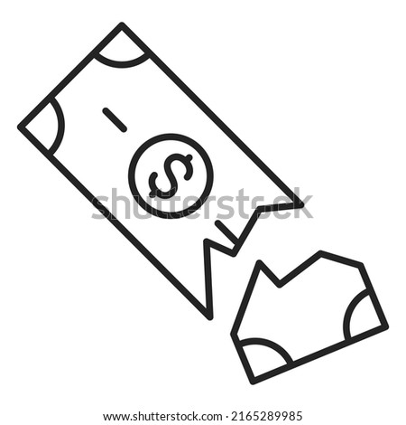 Torn dollar banknote line icon vector isolated. Idea of financial crisis and economy recession. US currency symbol.