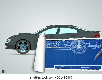 Torn drawing car on the blueprint car. vector illustration eps 10