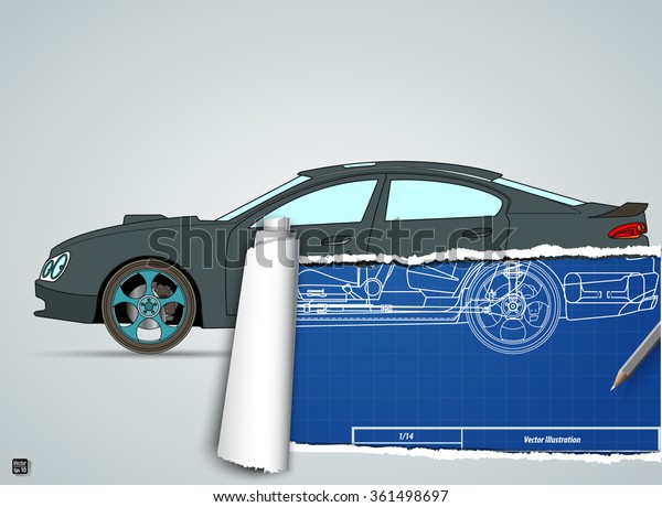 Torn drawing car on the blueprint car. vector\
illustration eps 10