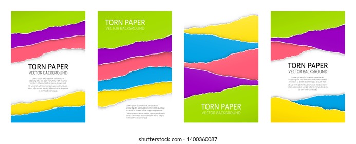 Torn edge paper background set. Colorful vector templates.