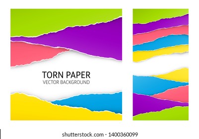 Torn edge paper background set. Colorful vector templates.