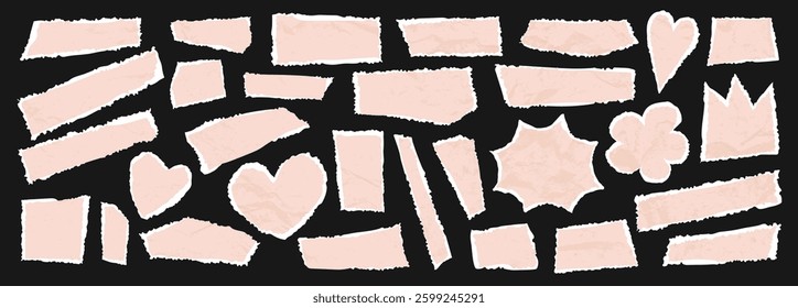 Torn edge paper set. Vector romantic ripped papers. Distressed edge grungy frame headline stickers. Irregular square, rectangular, crown and heart shape collage pieces. Rough crumpled tear bubbles