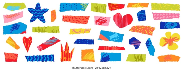 Torn edge paper set. Vector colorful ripped papers. Distressed edge collage papers. Grungy frame headline stickers. Irregular square, rectangular and heart shape collage pieces. Childish tear strips