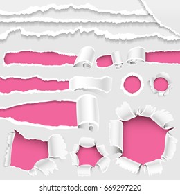 Torn edges hole lacerated ragged paper edge and crack realistic 3d style vector illustration collection
