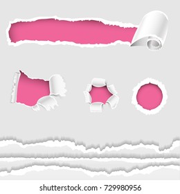 Torn edges hole lacerated ragged paper edge and crack realistic 3d style vector illustration collection