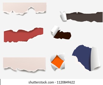 Torn edges paper hole lacerated ragged edge and crack realistic 3d style vector illustration concept grunge page template.