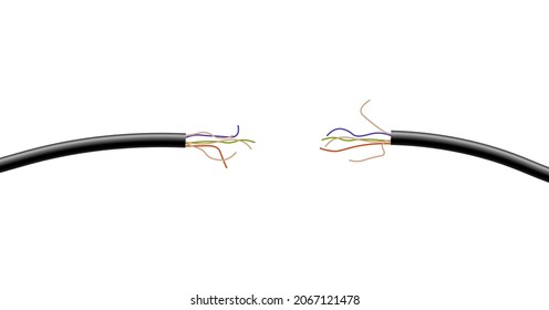 Torn electric power cable with sticking copper wires in color insulation. Concept of short circuit electricity, broken connection. Vector realistic 3d isolated illustration.