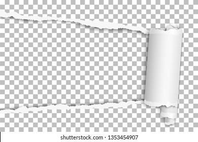 Torn elongated hole from left to right side in transparent sheet of paper with wrapped paper tear. Vector template design. Paper mockup.