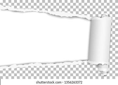 Torn elongated hole from left to right in transparent sheet of paper with paper curl and white resulting background. Vector template design. Paper mockup.