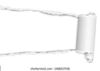 Torn Elongated Hole From Left To Right In White Paper With Paper Curl. Vector Paper Mock Up.