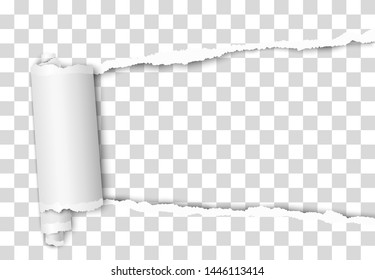 Torn elongated hole from right to left side in transparent sheet of paper with wrapped paper tear. Vector template design. Paper mockup.