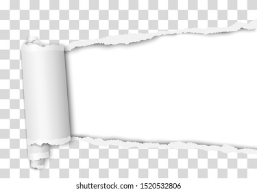 Torn elongated hole from right to left side in transparent sheet of paper with wrapped paper tear and white background. Vector template design. Paper mockup.