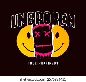 Torn emoji smile with melting smile inside and slogan for t-shirt design. Typography graphics with distorted emoji smile for tee shirt. Apparel print design. Vector illustration.