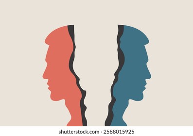 Torn face split personality of human psychology, mental health illustration