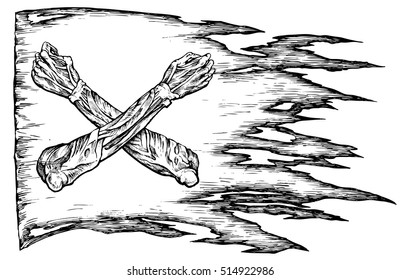 Torn flag with crossed arms - hand drawn vector illustration, isolated on white
