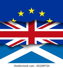 Torn Flag Of EU Over Flag Of UK And Scotland, Brexit Vector Illustration