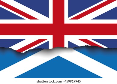 Torn flag of UK over flag of Scotland, Brexit vector illustration