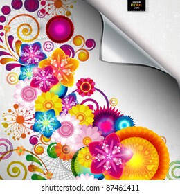 Torn floral background for gift design. Bright decor with abstract flowers and leafs.