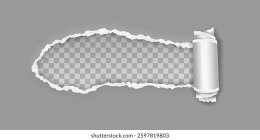 Torn folded paper strip in realistic 3d style with shadows isolated on light background. Vector illustration.