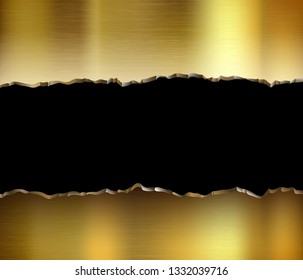 Torn golden metal plate. Broken steel background. Vector illustration.