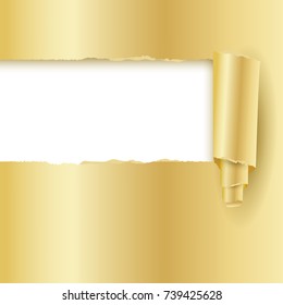 Torn golden shining paper. Card template with hole in paper of gold. Paper cut effect. Modern ripped background. Torn paper tape for various purposes. 
