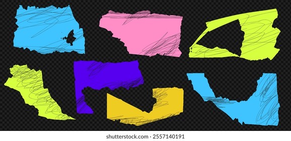 Torn grain color paper pieces with scribbles, vector scrap edges at the transparent bg as a png. Abstract background with cutout shapes, headline pieces, and paint effects.