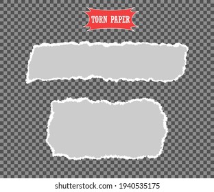 A torn gray piece of paper, set. Vector design elements on an isolated transparent background.