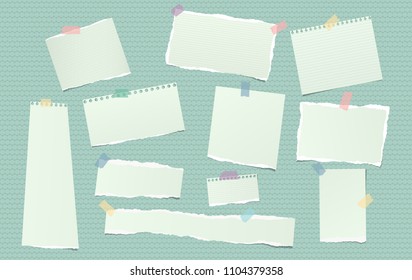 Torn green note, notebook paper pieces for text stuck with sticky tape on circles pattern. Vector illustration.