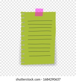 Torn green notebook sheet sticker hanging on wall. Horizontal striped vertical sheet. Vector illustration. Organization successful educational process.