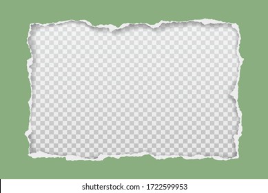 Torn green paper hole with soft shadow, frame for text is on white squared background. Vector illustration