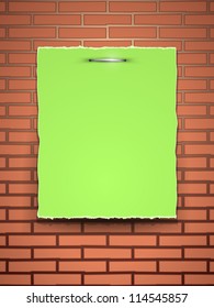 Torn green paper with place for text on brick wall. Part of vector background set.